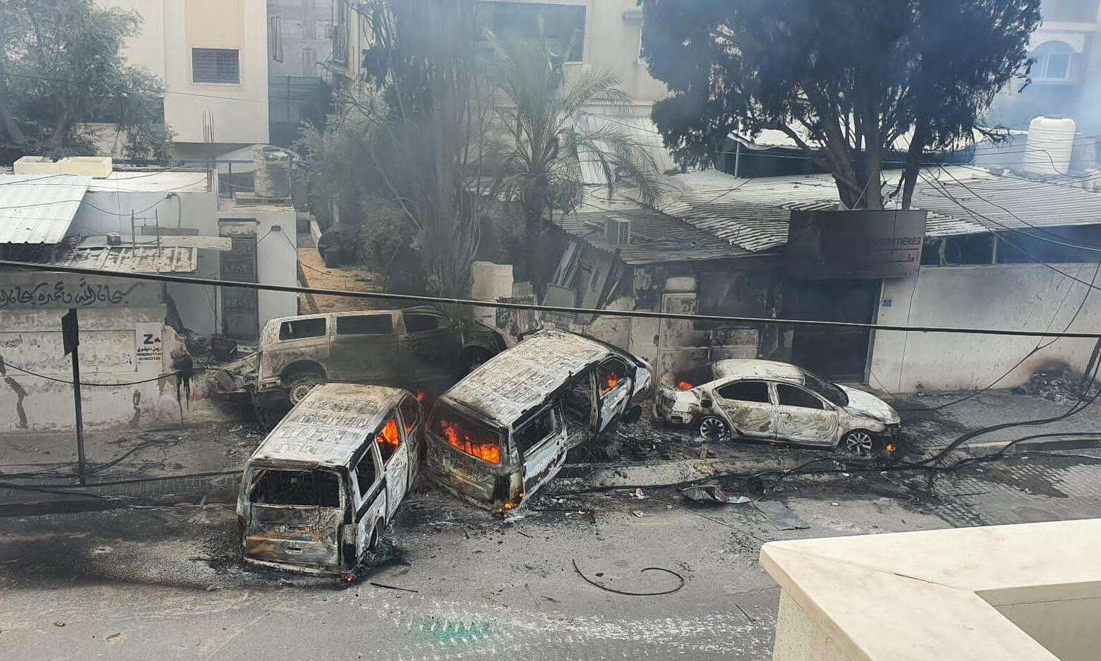 Destroyed vehicles in MSF convoy attack in Gaza
