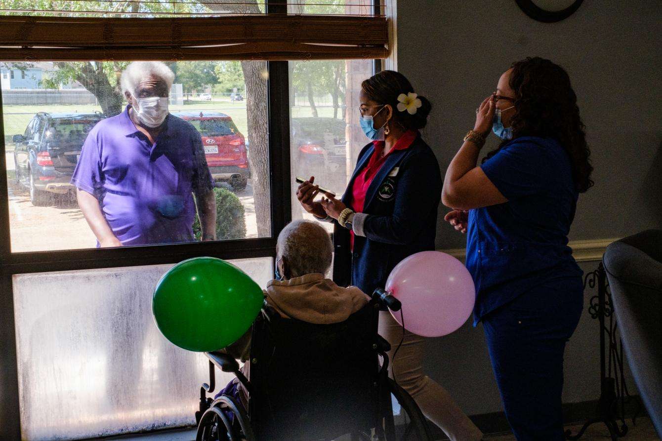 A resident was visited by a family member for her birthday at Focused Care at Beechnut, a long term care facility in Houston, Texas. During COVID-19, visitors must stand outside on the other side of a window and communicate by phone with the resident. 