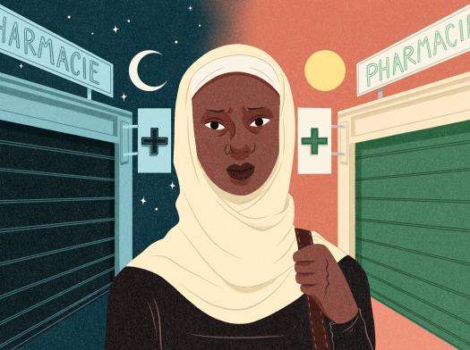 Illustration by Alice Wietzel of a Muslim woman in a white headscarf at a pharmacy picking up contraceptive medication.