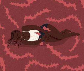 Illustration of a pregnant woman lying down on a red backdrop 