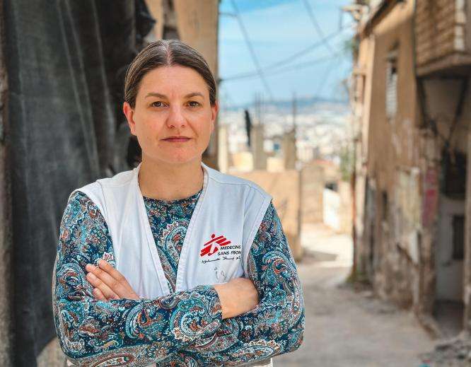 Woman in MSF vest standing in Jenin City, West Bank, Palestine. 