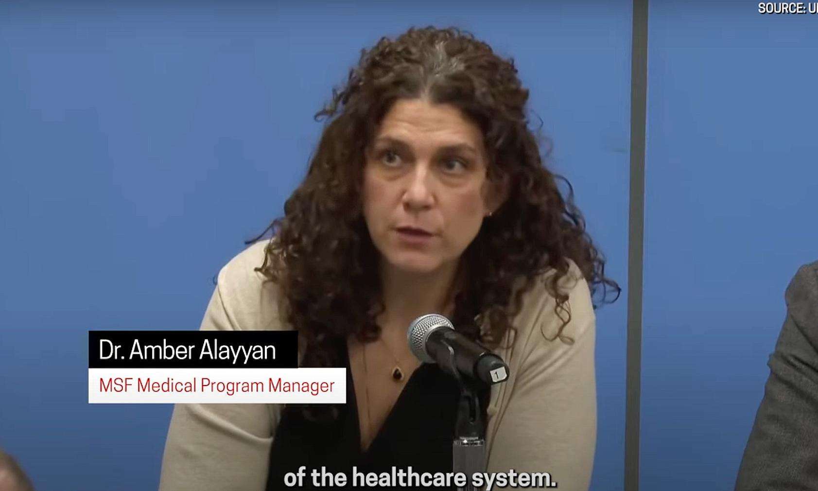 MSF doctor Amber Alayyan at a press conference at the United Nations in New York.