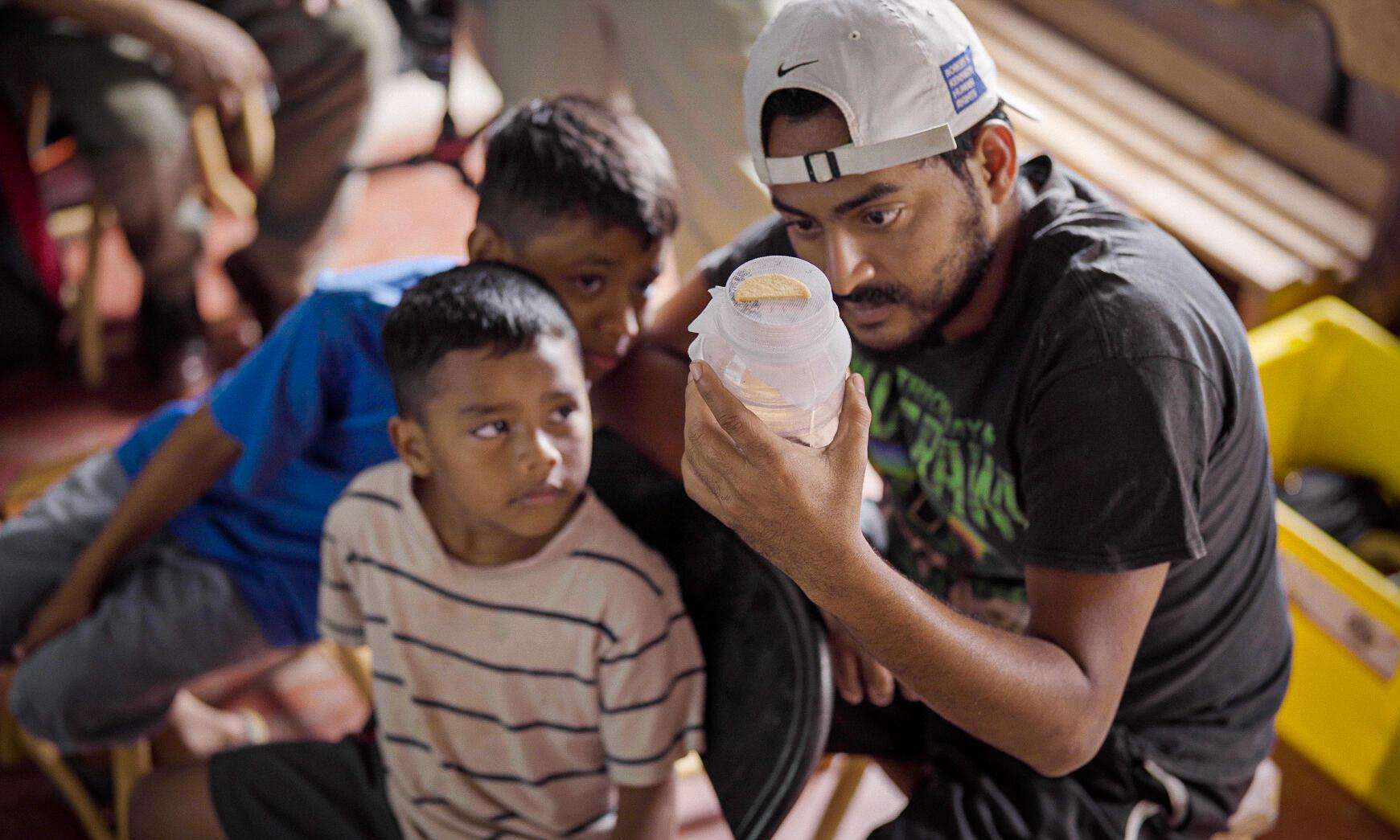 A man and boy look at a jar of mosquitoes to release as part of an MSF project to prevent dengue in Honduras