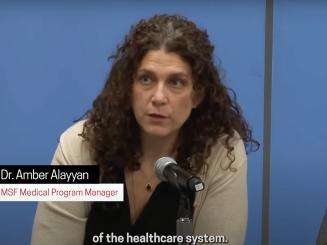 MSF doctor Amber Alayyan at a press conference at the United Nations in New York.