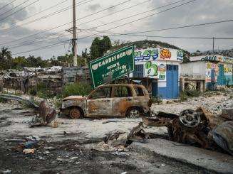 Destruction caused by clashes between armed groups and police in the Carrefour neighborhood in the suburbs of Port-au-Prince, Haiti.
