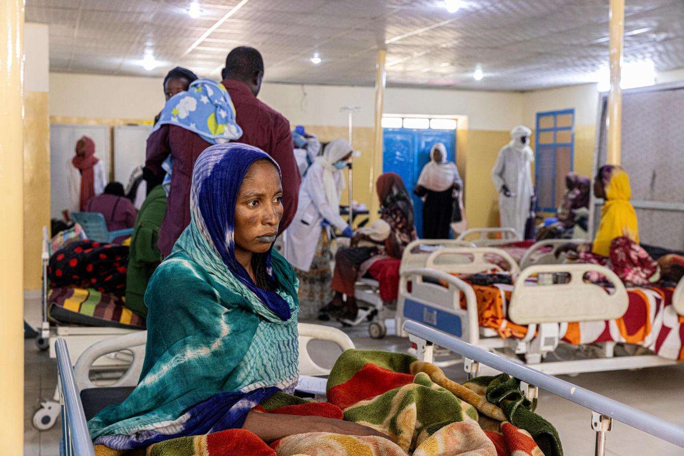 Patients wait inside the Zalingei Teaching Hospital emergency department in Zalingei, Central Darfur state, Sudan.