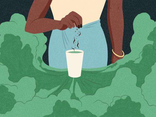Illustration by Alice Wietzel of a woman dropping tablets into a cup and green smoke coming out