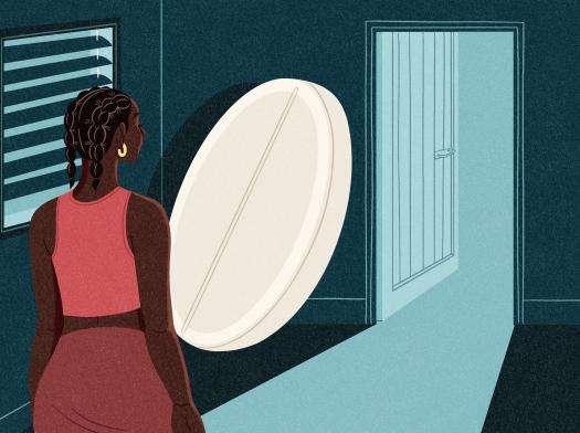 Illustration by Alice Wietzel of a woman walking into a dark room with a large abortion pill in front of her.