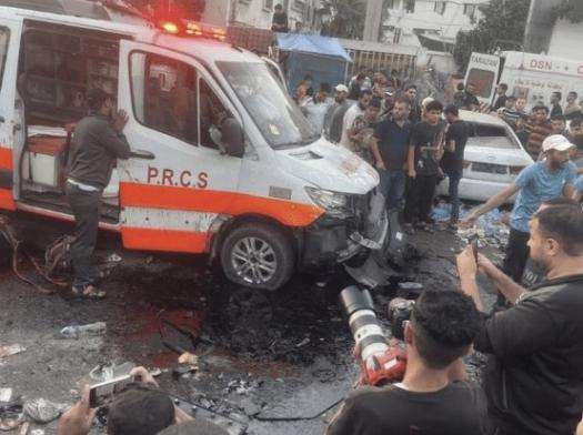 An ambulance is hit outside Al-Shifa hospital in Gaza City on November 3.