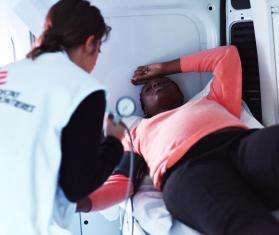 MSF widwife, Alessia Alberani, during a consultation with a pregnant patient in the mobile clinic in Ventimiglia, Italy